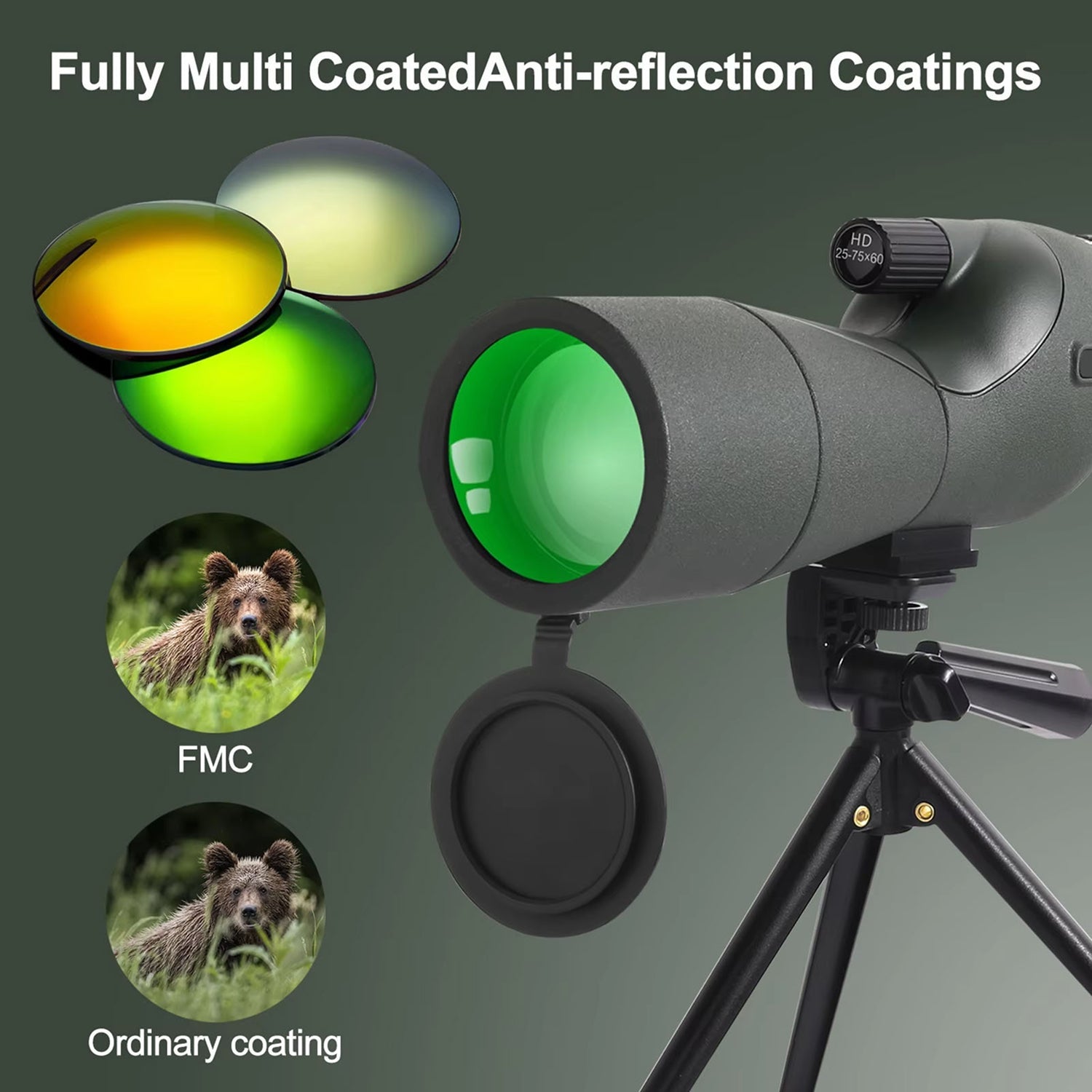 UnixClos Spotting Scope 25-75x60mm HD BAK4 Prism Waterproof with Phone Adapter