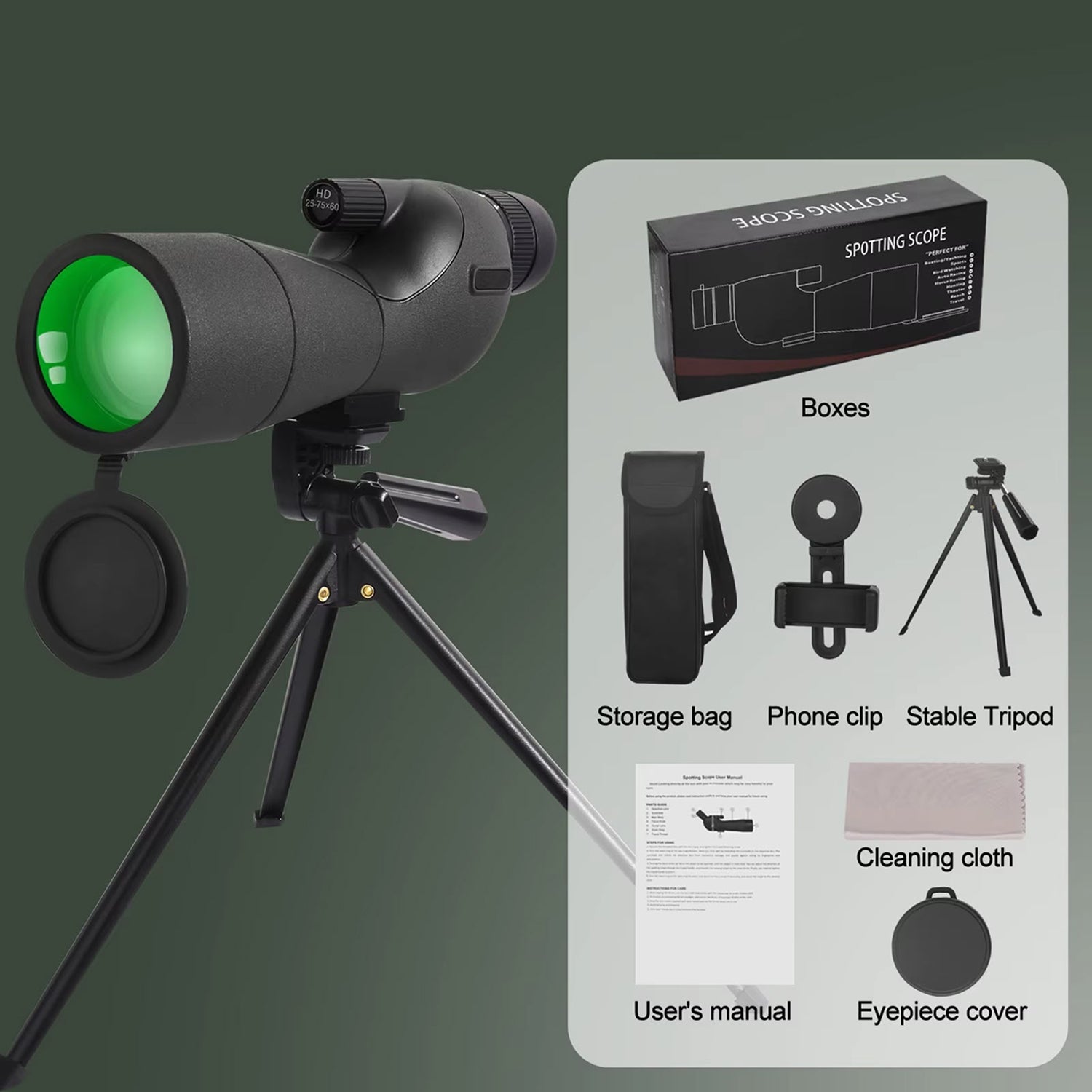 UnixClos Spotting Scope 25-75x60mm HD BAK4 Prism Waterproof with Phone Adapter