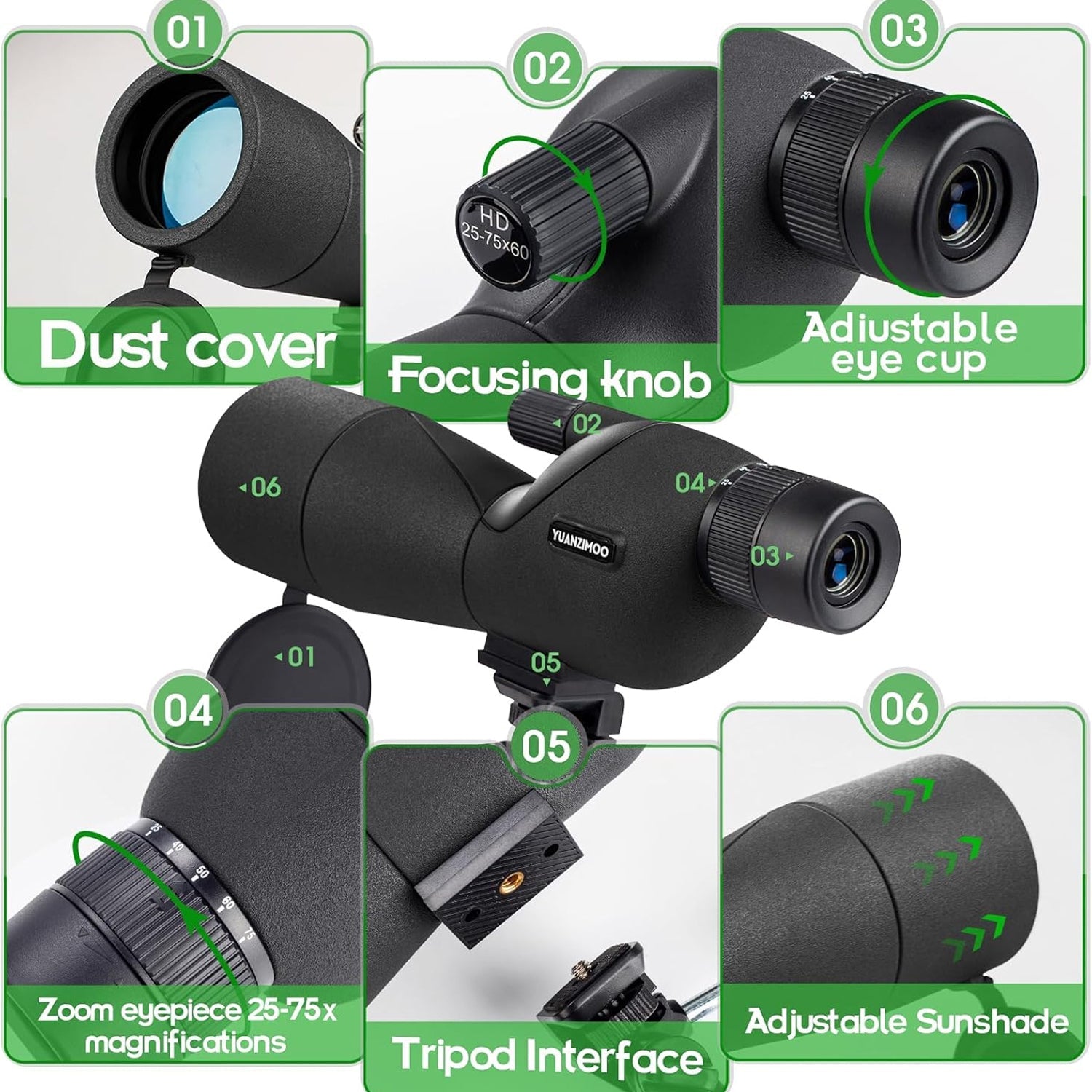 UnixClos Spotting Scope 25-75x60mm HD BAK4 Prism Waterproof with Phone Adapter